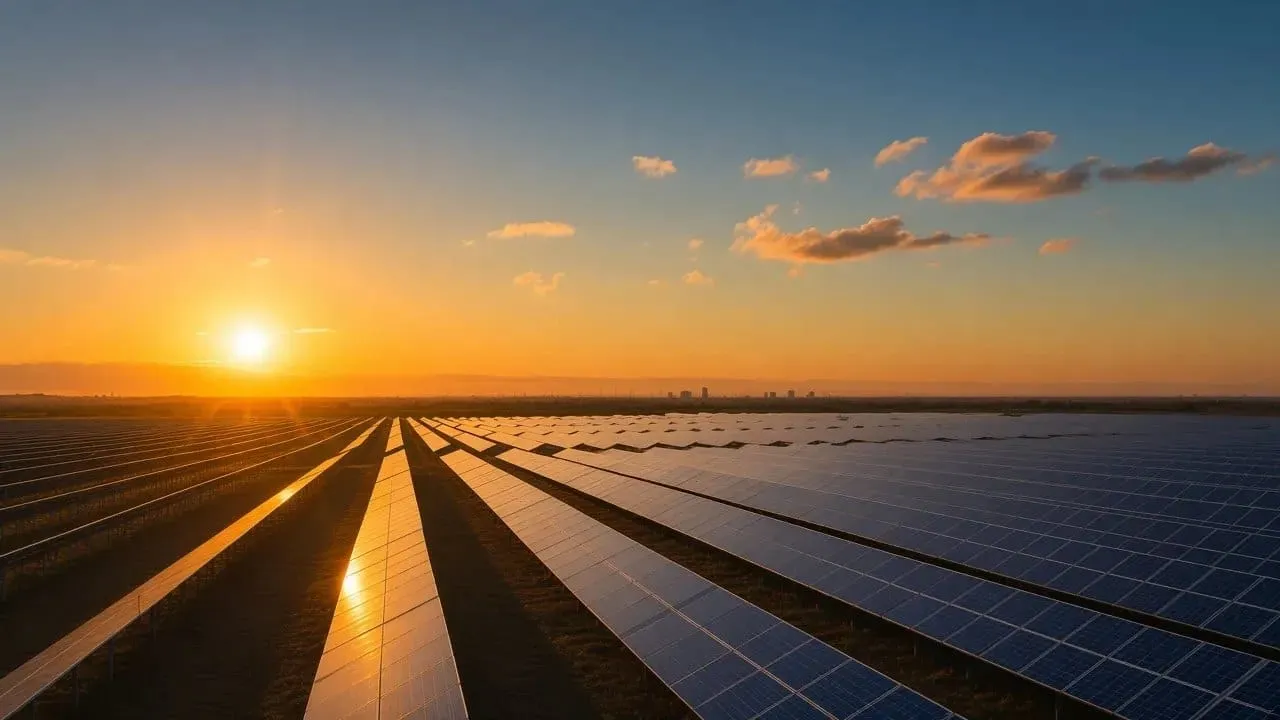 Usina fotovoltaica em operação, com fileiras de módulos solares em grande projeto energético