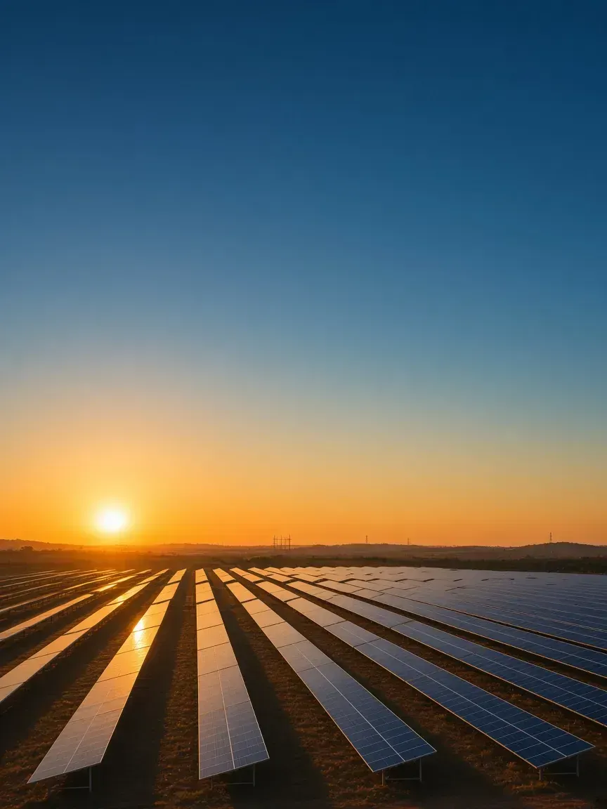 Módulos solares e infraestrutura energética ao entardecer