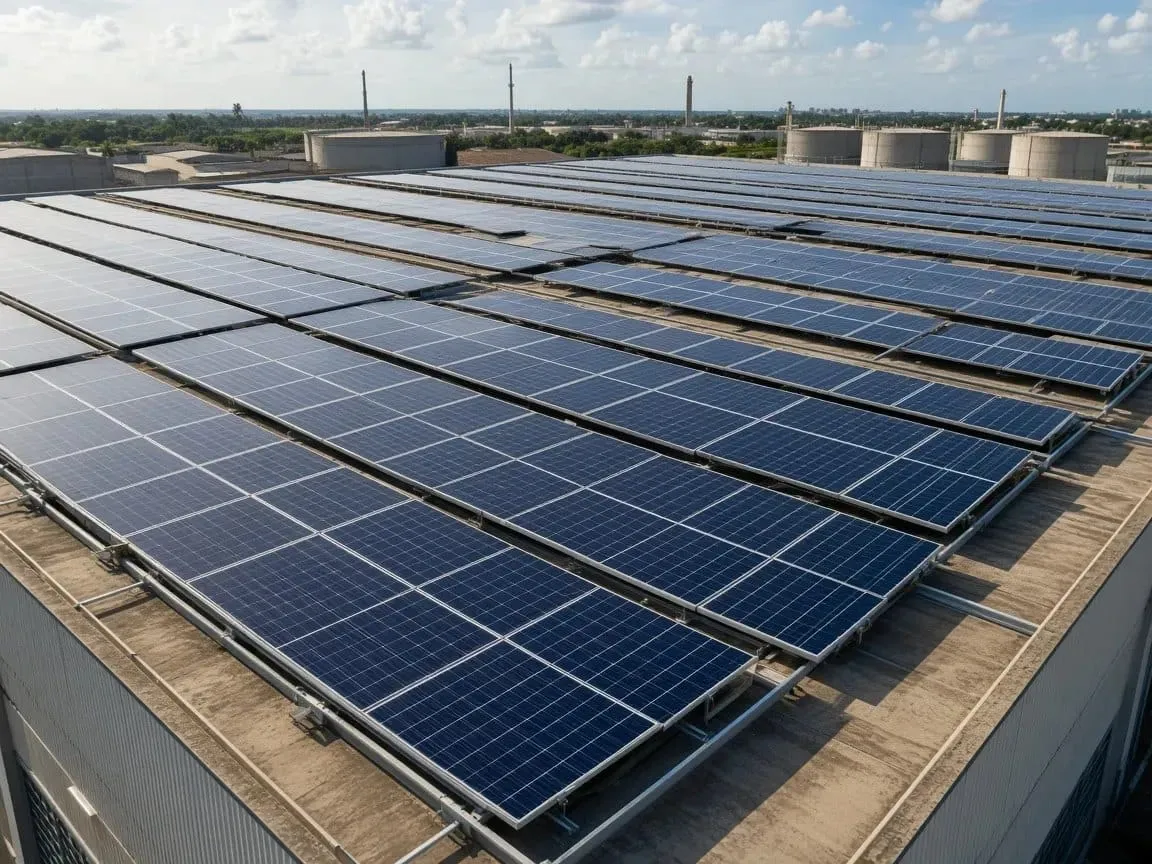 Cobertura industrial com módulos fotovoltaicos