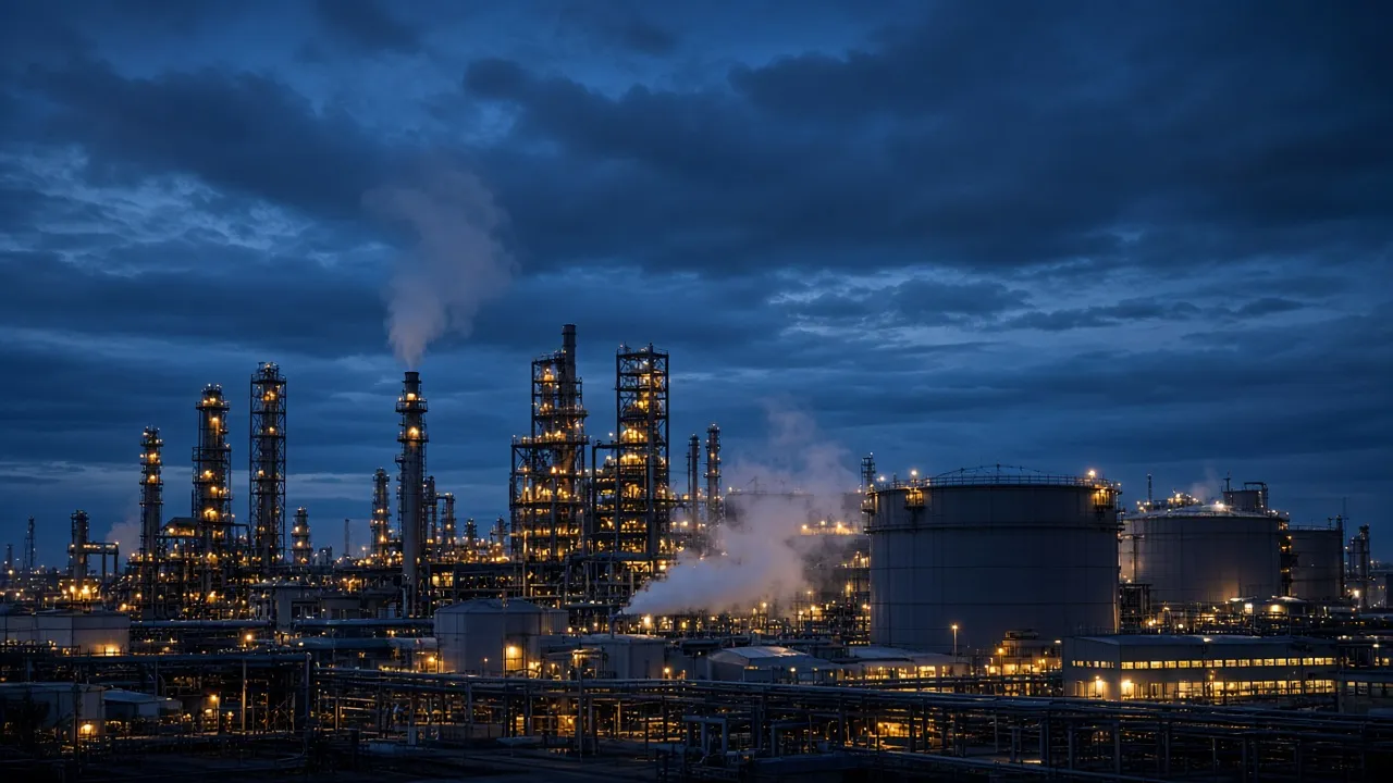 Planta industrial com iluminação no entardecer