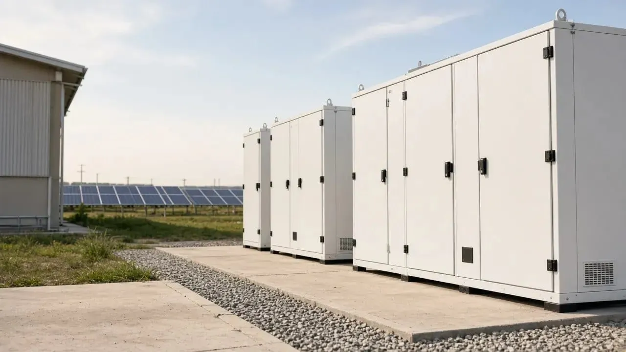 Containers de armazenamento de energia em área industrial